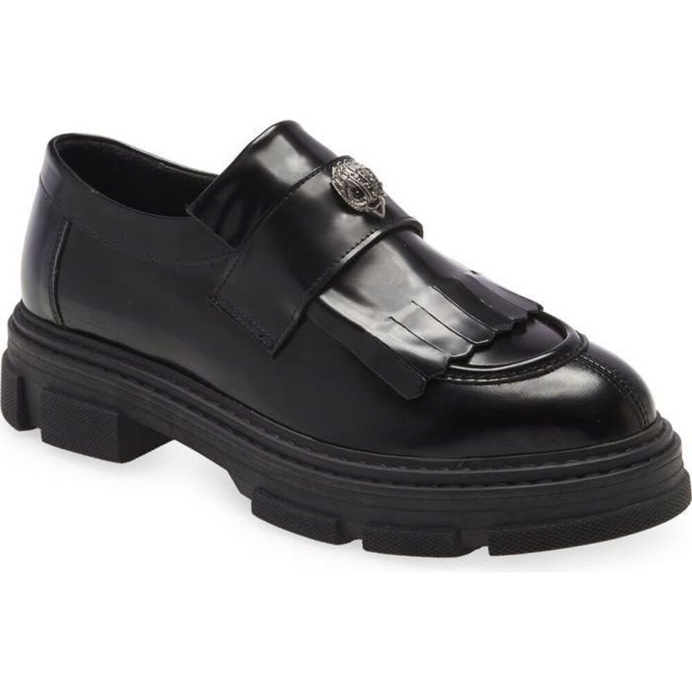 Kurt Geiger Black Leather Fringe Kiltie Lug Sole Loafers
